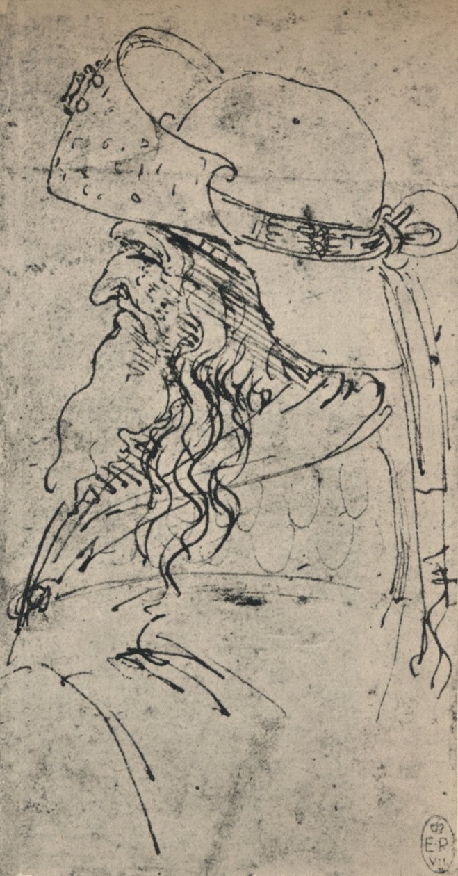 Profil till vänster om en gammal man i en stor hatt, c1480 1945 av Leonardo da Vinci