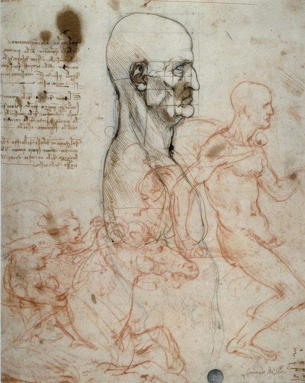 Proportionsschema för det mänskliga huvudet och studier av ridning av Leonardo da Vinci
