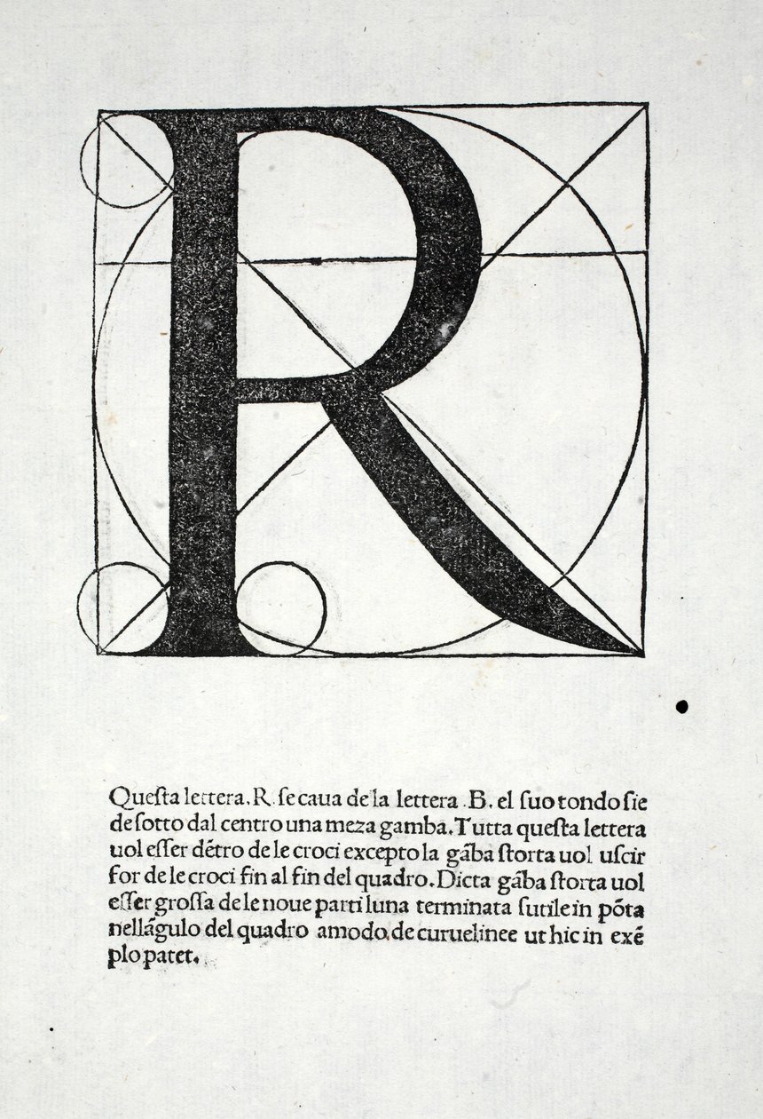 R, illustration från "Divina Proportione" av Luca Pacioli (c.1445-1517), ursprungligen pub. Venedig, 1509 av Leonardo da Vinci