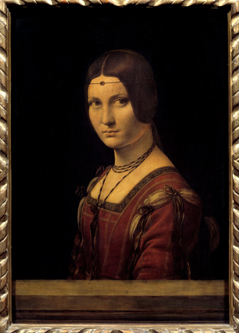 Riratto di dama. Porträtt av en dam från hovet i Milano, sa av misstag ""det vackra järnverket""". Målning av Leonardo da Vinci (Leonardo da Vinci) (1452-1519) 1400-talet sön. 0,63x0,45m. - Riratto di dama. Porträtt av en hovdam i Milano, w av Leonardo da Vinci