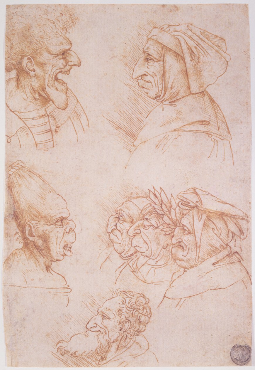Sju studier av groteska ansikten (röd krita på papper) av Leonardo da Vinci