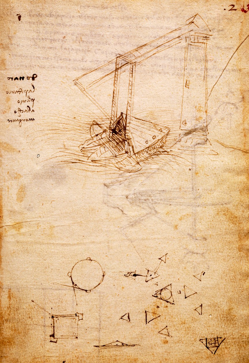 Skepp, från Codex Trivulzianus, folio 2 recto av Leonardo da Vinci