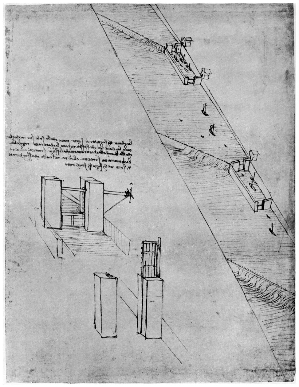 Skiss av en sluss, sent 1400-tal eller tidigt 1500-tal 1954. av Leonardo da Vinci