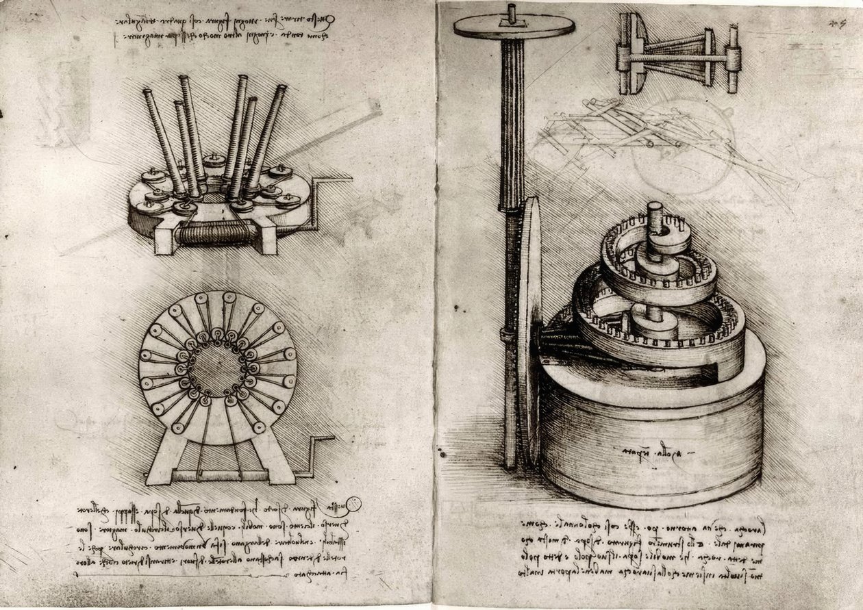 Studier av mekanik; höger drivfjäder på en klocka av Leonardo da Vinci