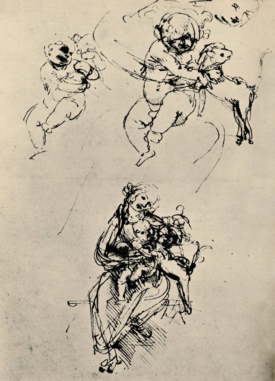 Studier för en madonna och ett barn med en katt, 1478-1480 1945 av Leonardo da Vinci