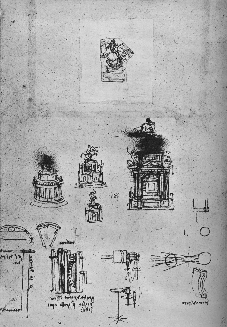 Studies for an Equestrian Monument and Studies of Machinery, c1480 1945 av Leonardo da Vinci