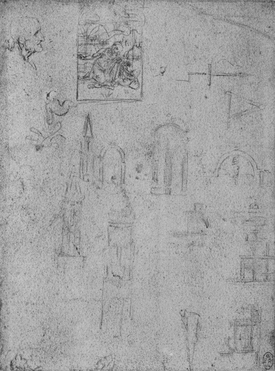 Studies of Architecture and of a Virgin Adoring the Infant Christ, c1480 1945 av Leonardo da Vinci