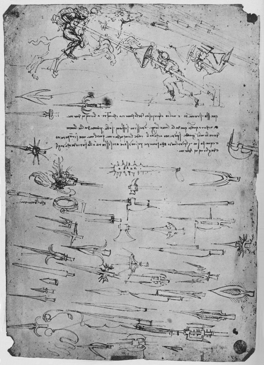 Studier av fotsoldater som attackerar ryttare med lansar som skyddar, c1480, 1945 av Leonardo da Vinci