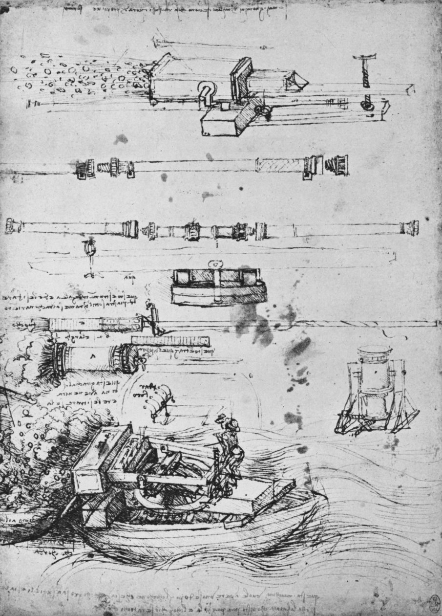 Studier av mortlar, en skjutning från en båt och av Canon, c1480 1945 av Leonardo da Vinci