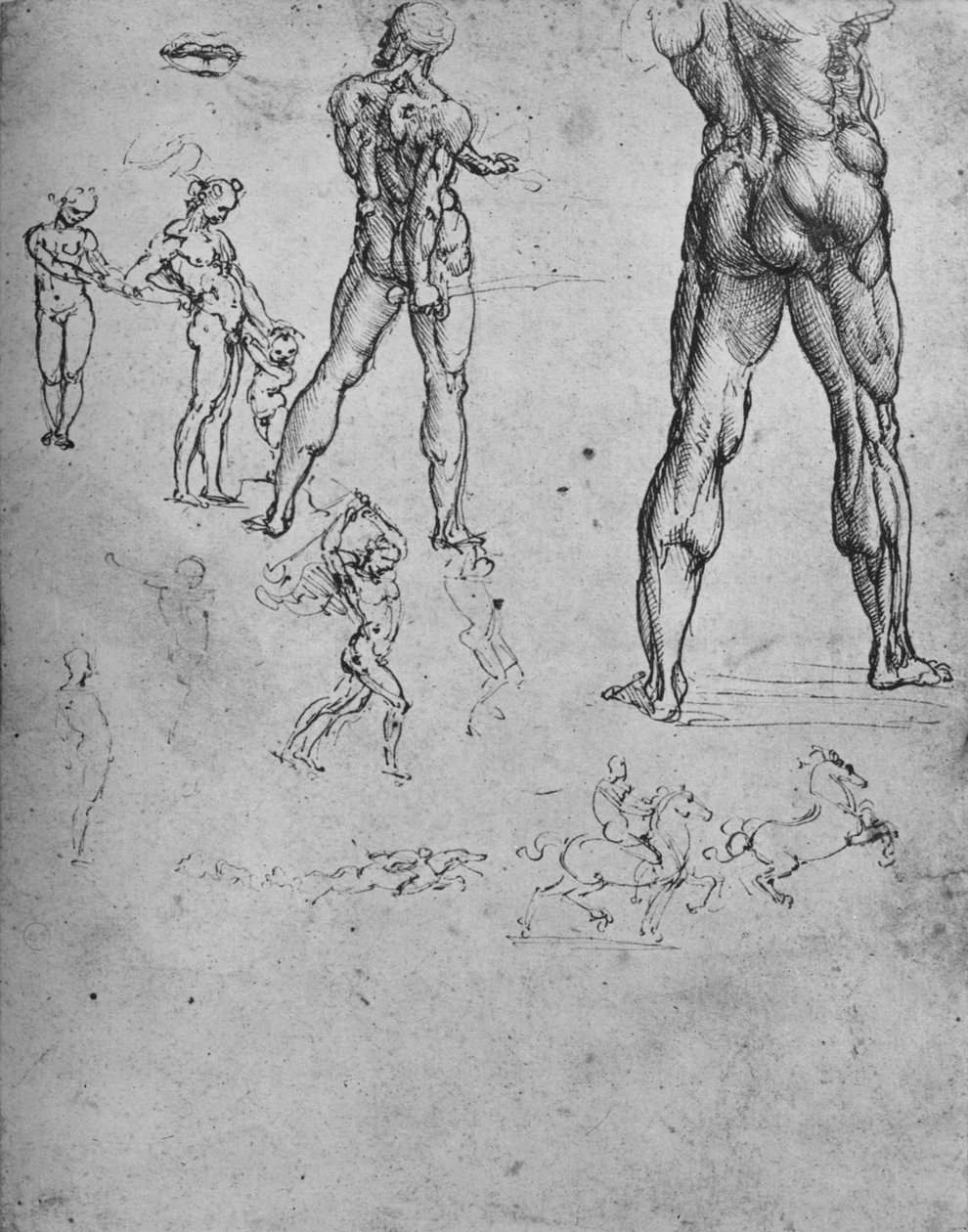 Studier av naken soldat med svärd och mindre skisser, c1480 1945 av Leonardo da Vinci
