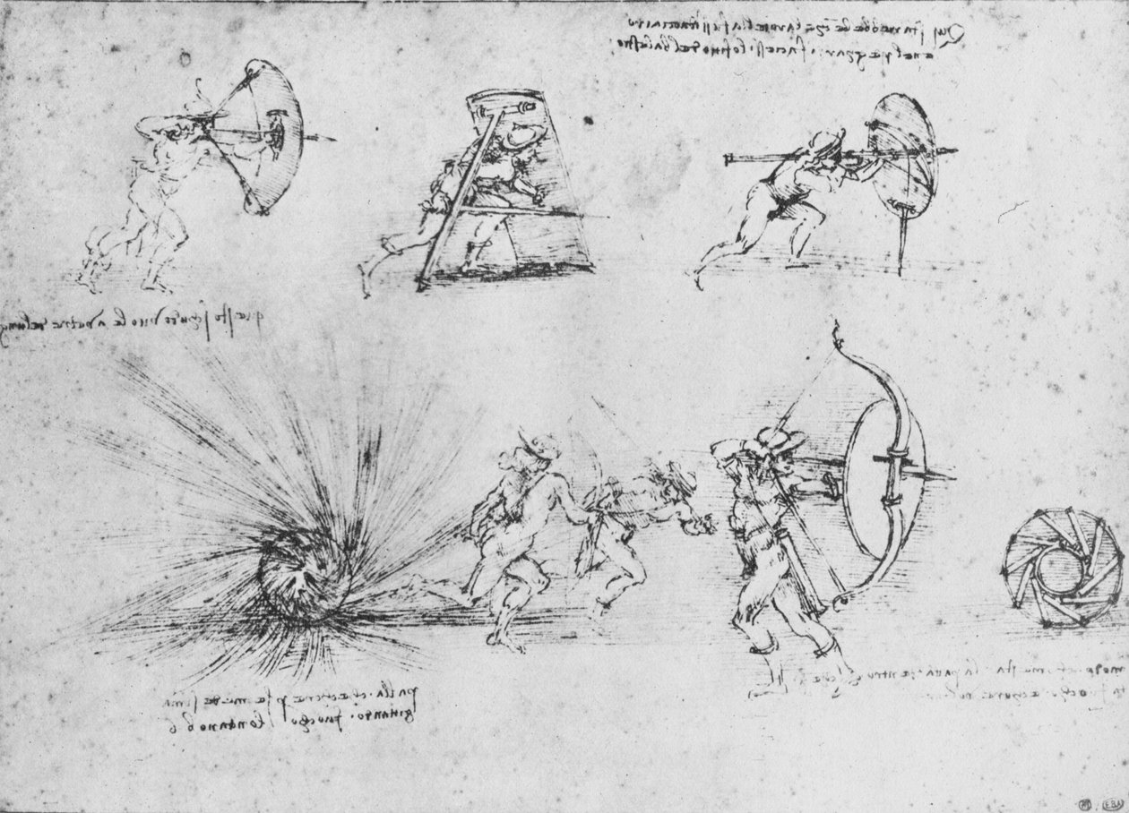 Studier av sköldar för att skydda fotsoldater och av en bomb som exploderar, c1480 1945 av Leonardo da Vinci
