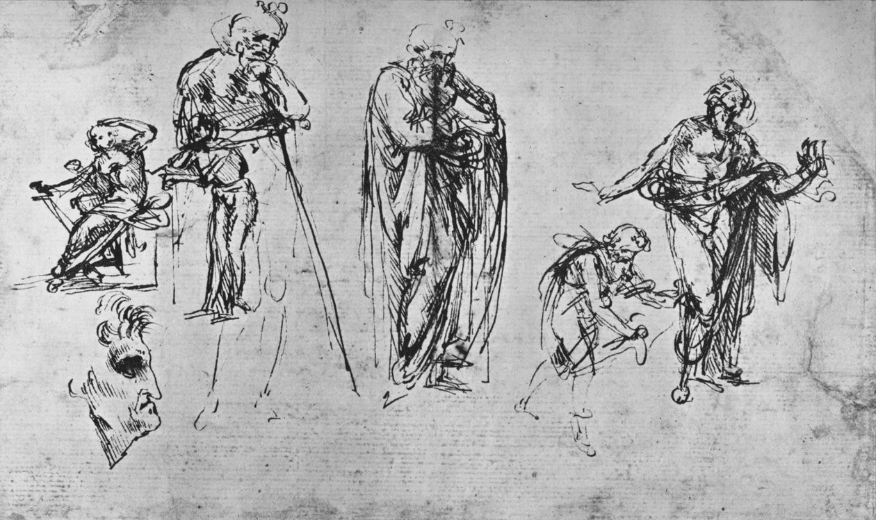 Studies of Single Figures and of a Profile, c1480 1945 av Leonardo da Vinci