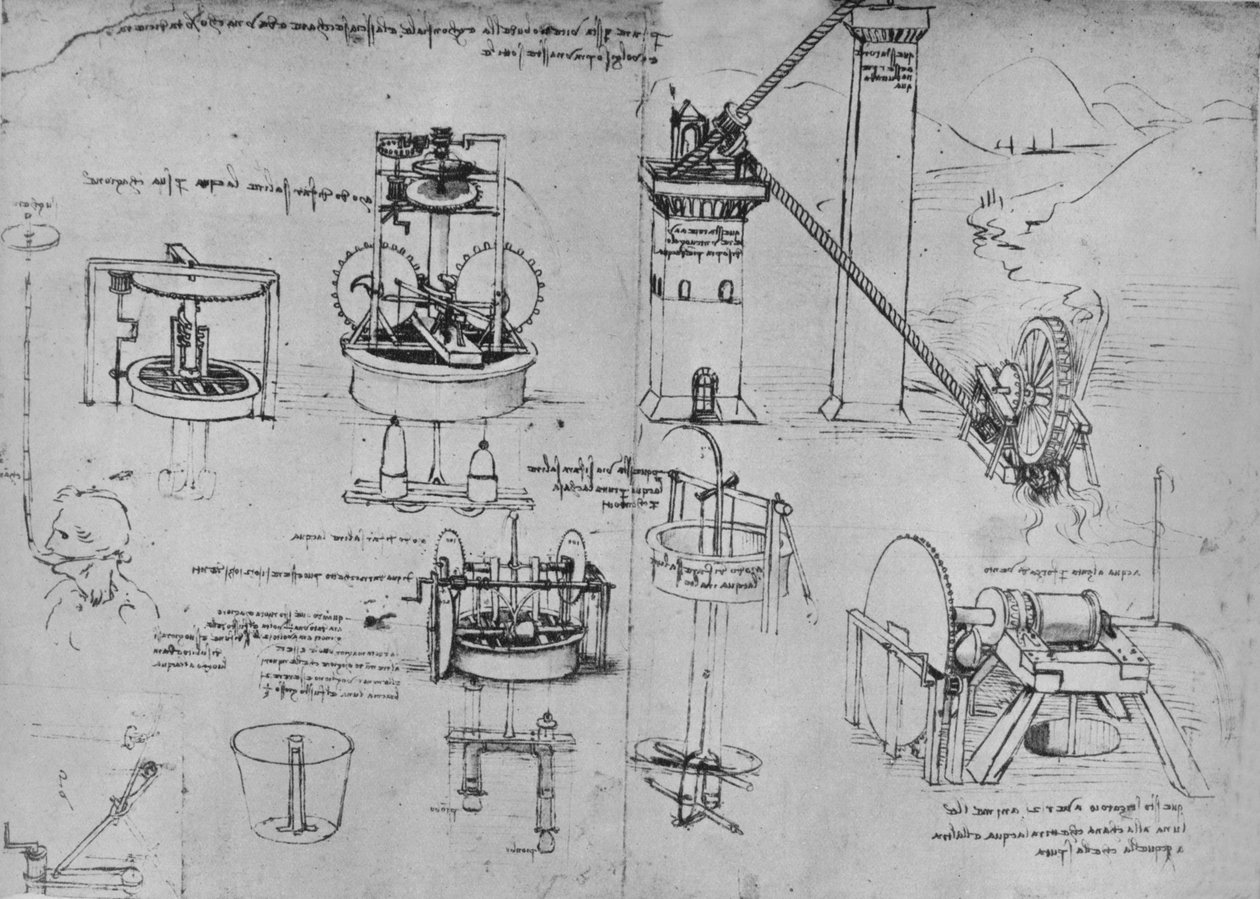 Studier av sugpumpar, Archimedes-rör, etc., c1480 1945 av Leonardo da Vinci