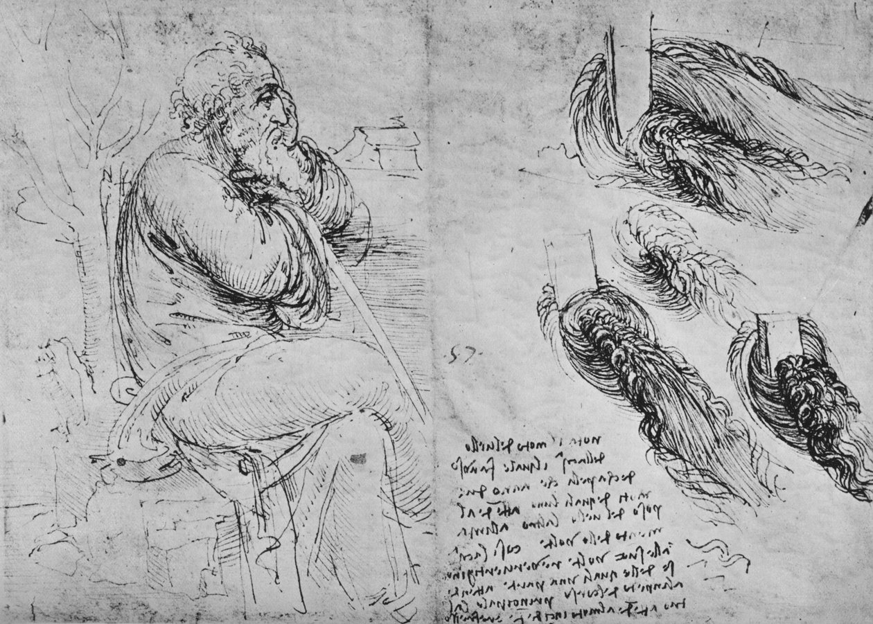 Studier av en gammal man sittande och av virvlande vatten, c1480 1945 av Leonardo da Vinci