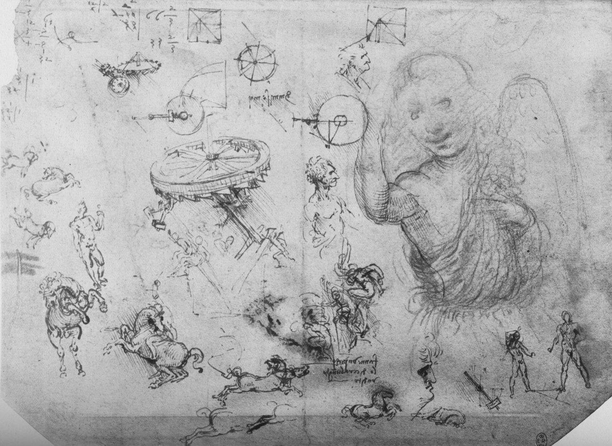 Studier av en ängel, av ryttare och andra figurer, c1480 1945 av Leonardo da Vinci
