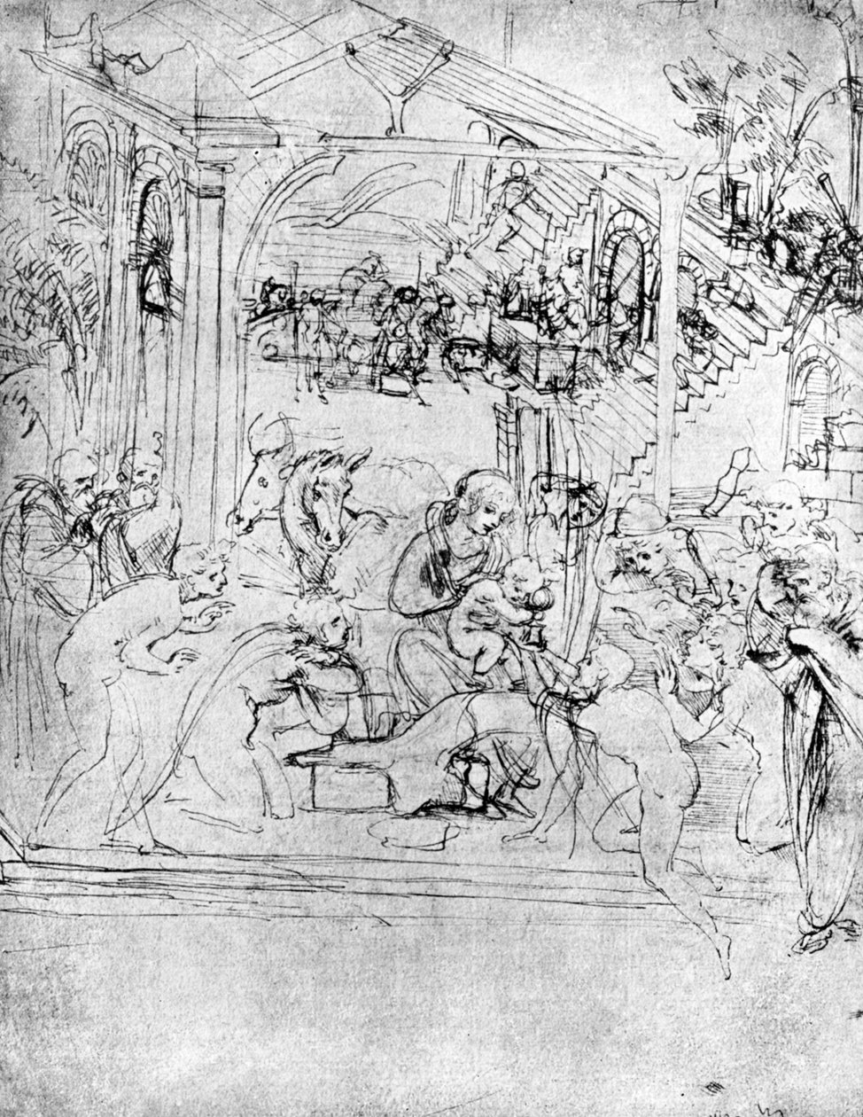 Studie för The Adoration of the Magi, 1400-talet 1930. av Leonardo da Vinci