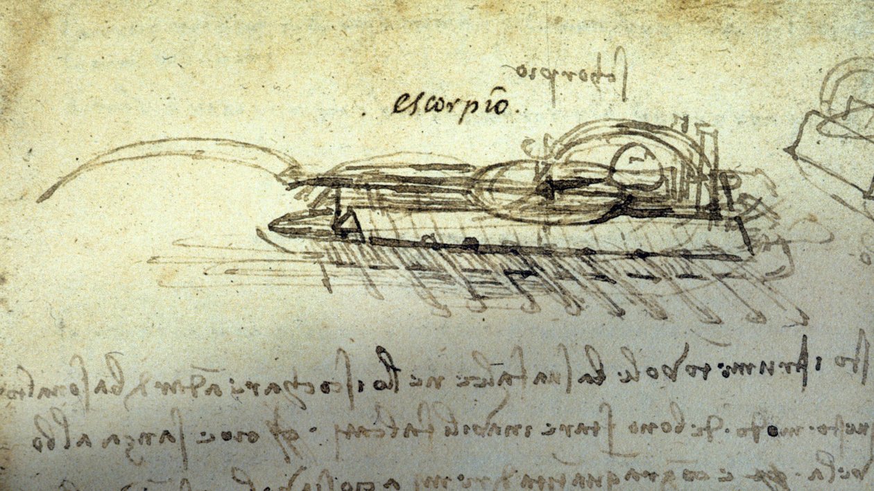 Studie för en krigsmaskin Escorpio av Leonard de Vinci (Leonardo da Vinci) (1452 - 1519). Rita med penna och bläck. av Leonardo da Vinci