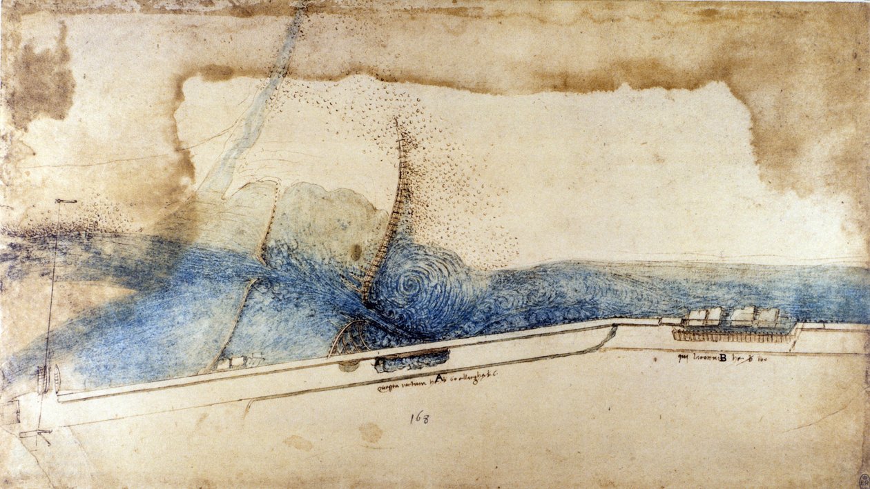 Studie för exploatering av vattenkraft i hydrauliska maskiner (noria) av Leonard de Vinci (Leonardo da Vinci) (1452-1519). Rita med penna och bläck. av Leonardo da Vinci