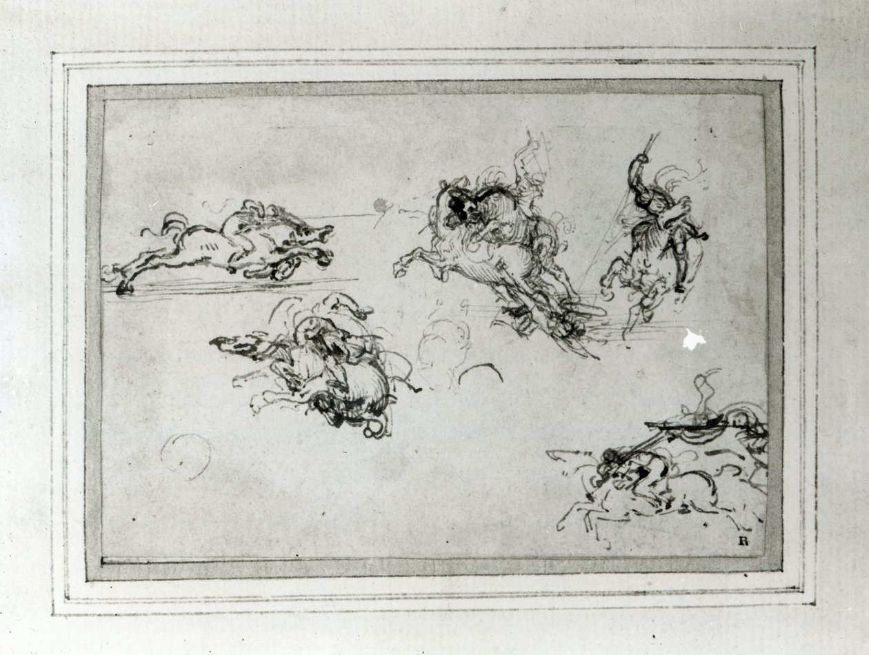 Study of Horsemen in Combat, 1503-4 (penna och bläck på papper) av Leonardo da Vinci