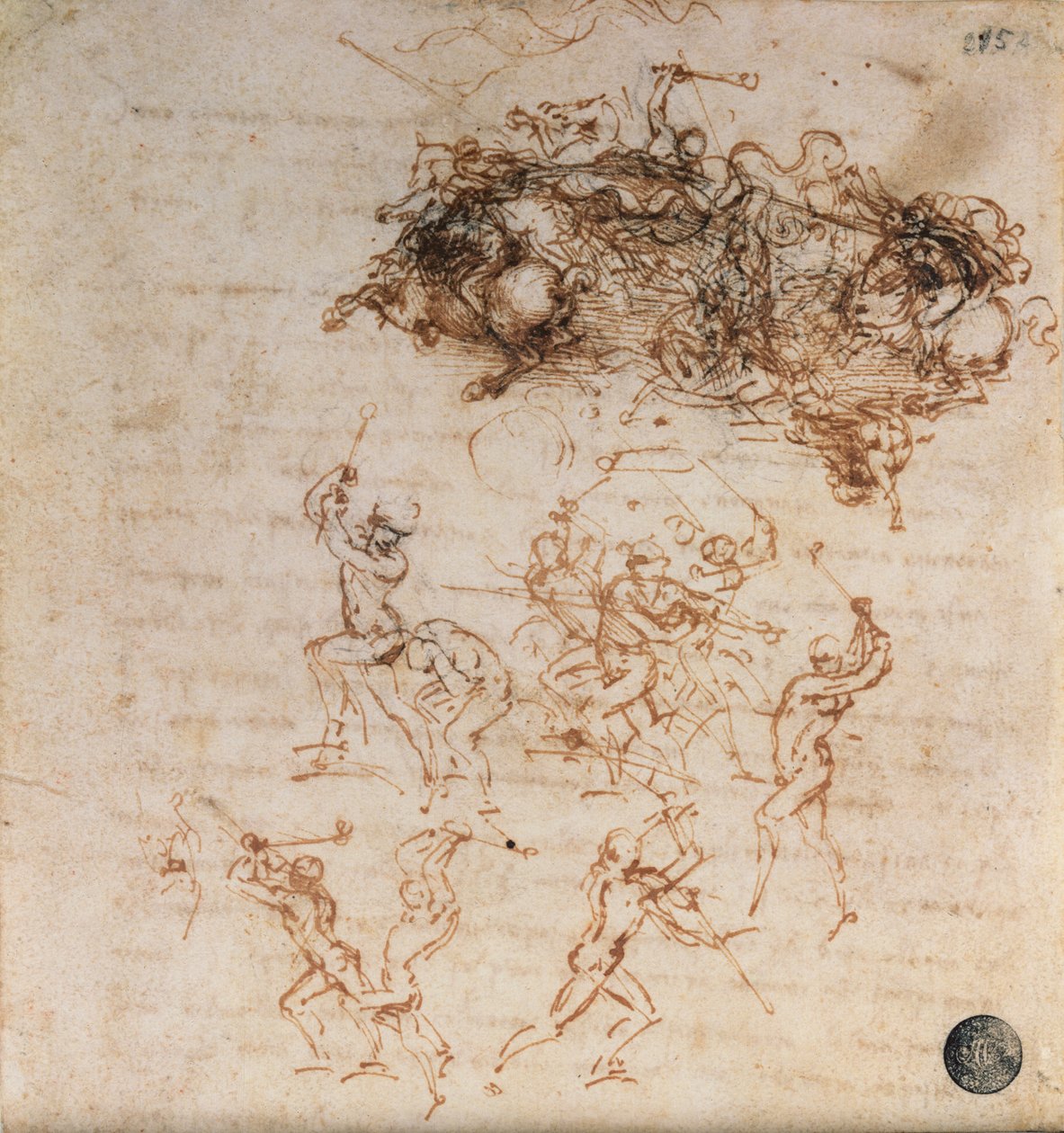 Studie av ryttare i strid och fotsoldater, 1503 (penna och bläck på papper) av Leonardo da Vinci