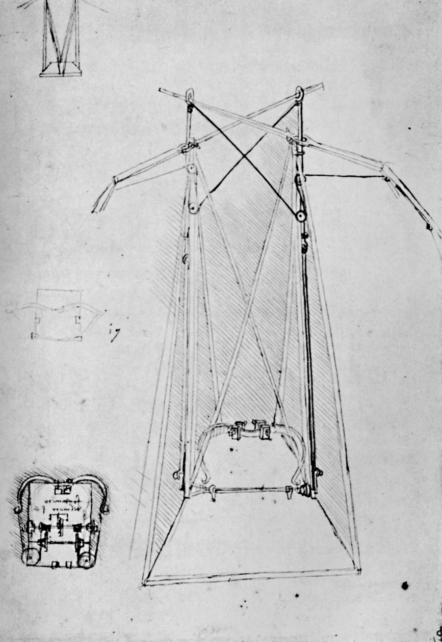Studie av motivapparat för flygmaskin med grundplan för basmekanism, 1928 av Leonardo da Vinci