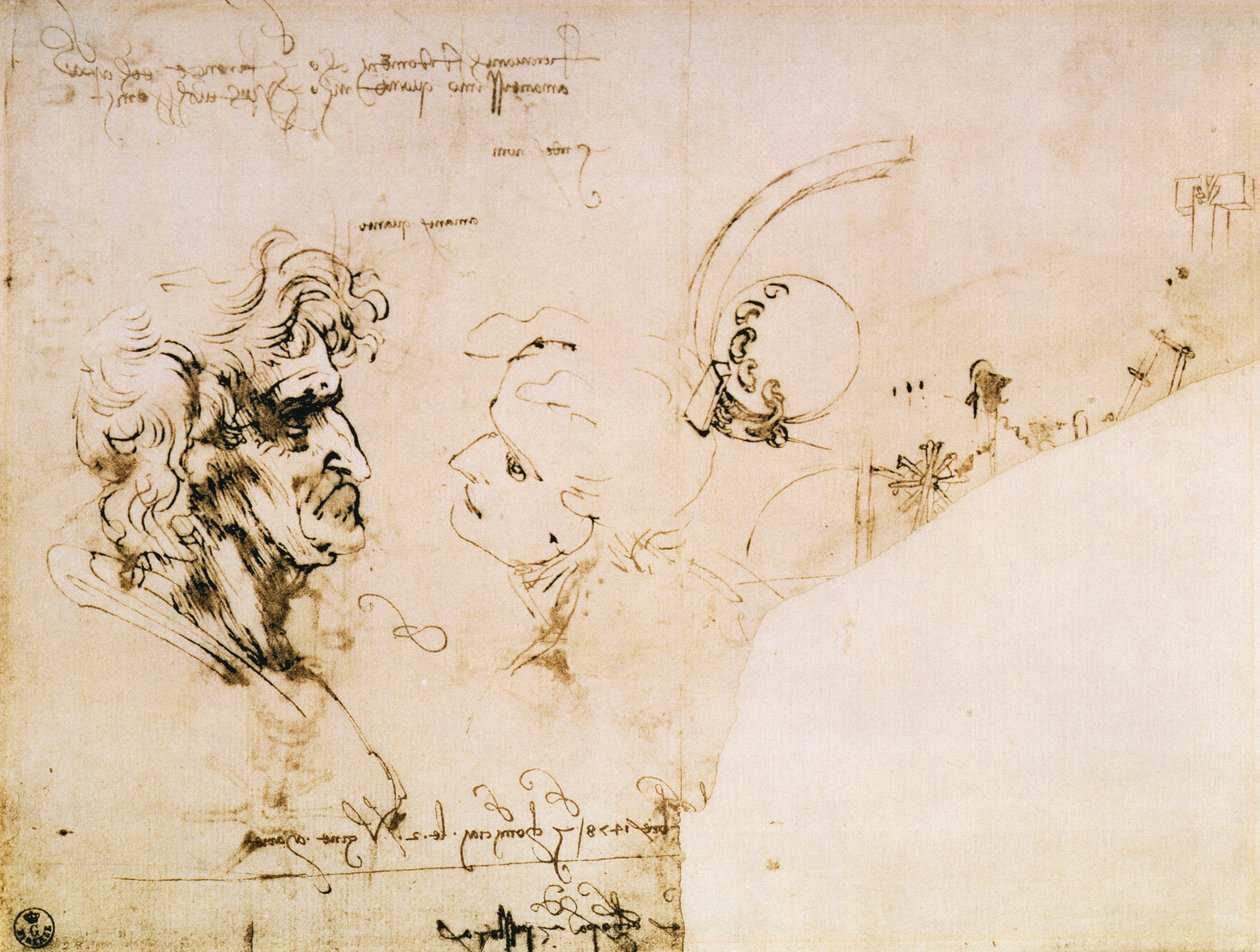 Studie av två huvuden i profil och studier av maskiner av Leonardo da Vinci