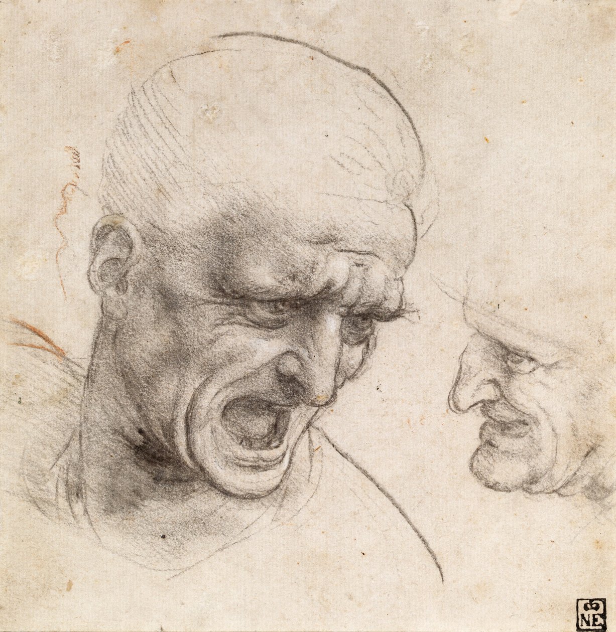 Studie av två krigarhuvuden för slaget vid Anghiari av Leonardo da Vinci
