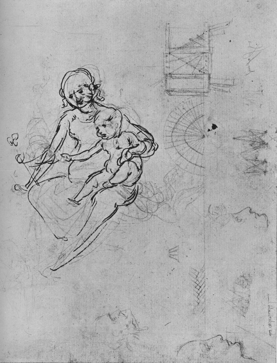 Studie av en madonna och ett barn, av profiler och av maskiner, 1478-1480 1945. av Leonardo da Vinci