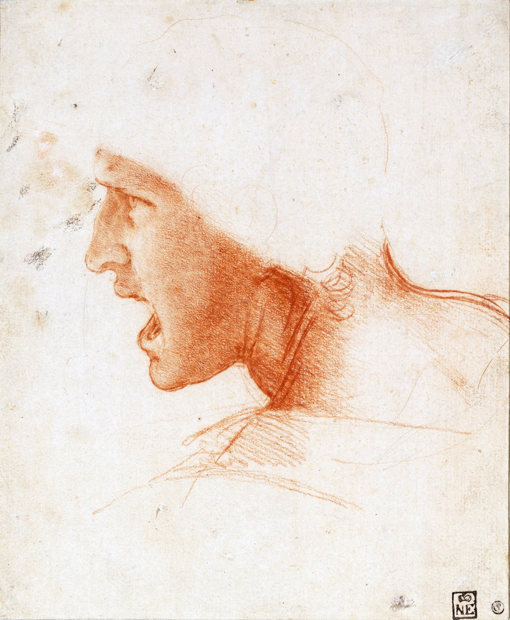 Studie av ett krigarhuvud för slaget vid Anghiari - Leonardo da Vinci (1452-1519) - 1504-1505 - Sanguine på papper - 22,6x18,6 - Szepmuveszeti Muzeum, Budapest av Leonardo da Vinci