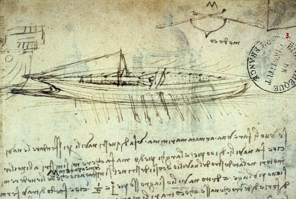 Studie av båt utrustad med en serie åror av Leonard de Vinci (Leonardo da Vinci) (1452 - 1519). Rita med penna och bläck. Manuskript. Institut de Frances bibliotek. Paris. av Leonardo da Vinci