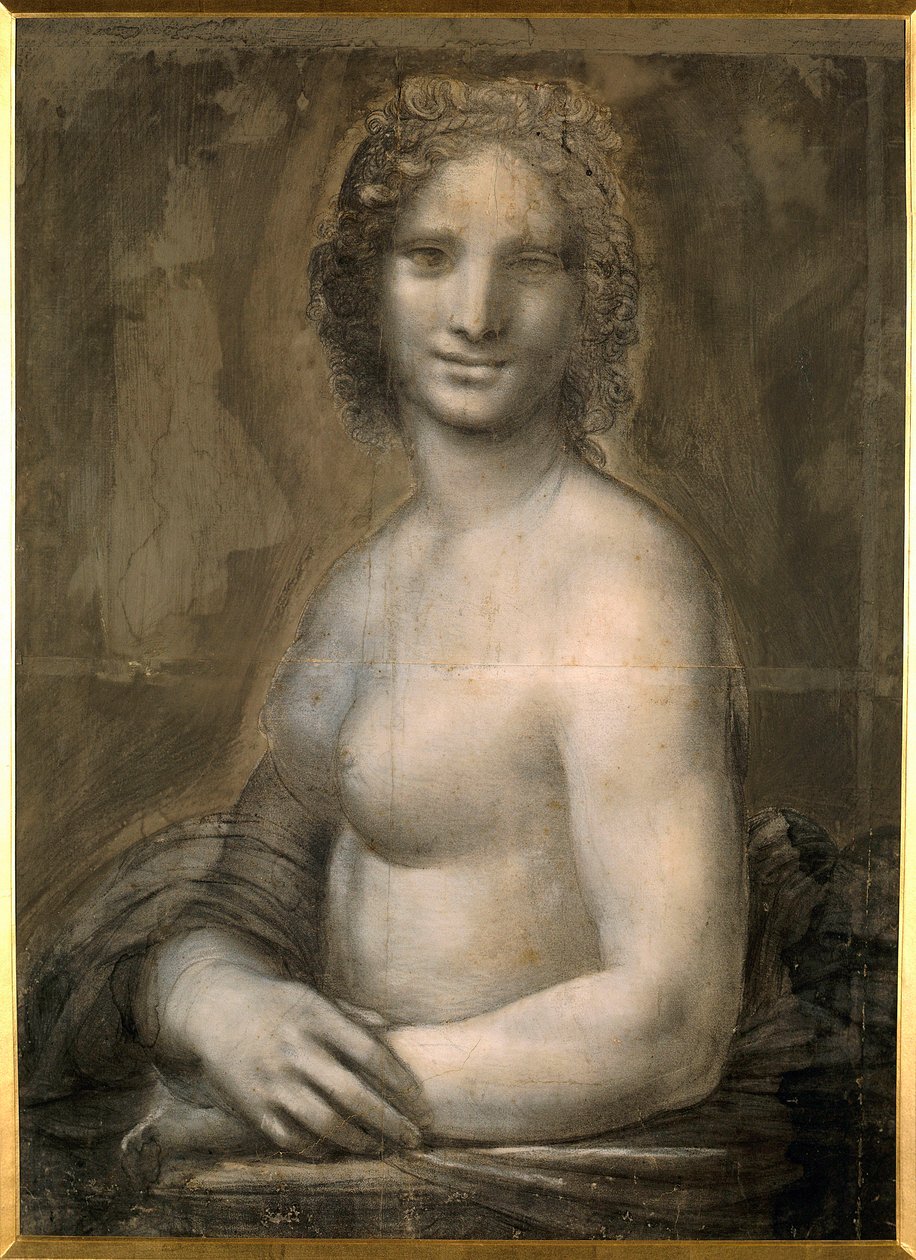 Studie av kvinnlig naken förmodligen Mona Lisa Bust denude antar Mona Lisa (eller Monna Lisa). Ritning på brunt papper med svart sten från Leonard de Vincis skola (Leonardo da Vinci) (1452-1519) Dim. 0,72 X 0,54 m. Chantilly, Conde Museum av Leonardo da Vinci