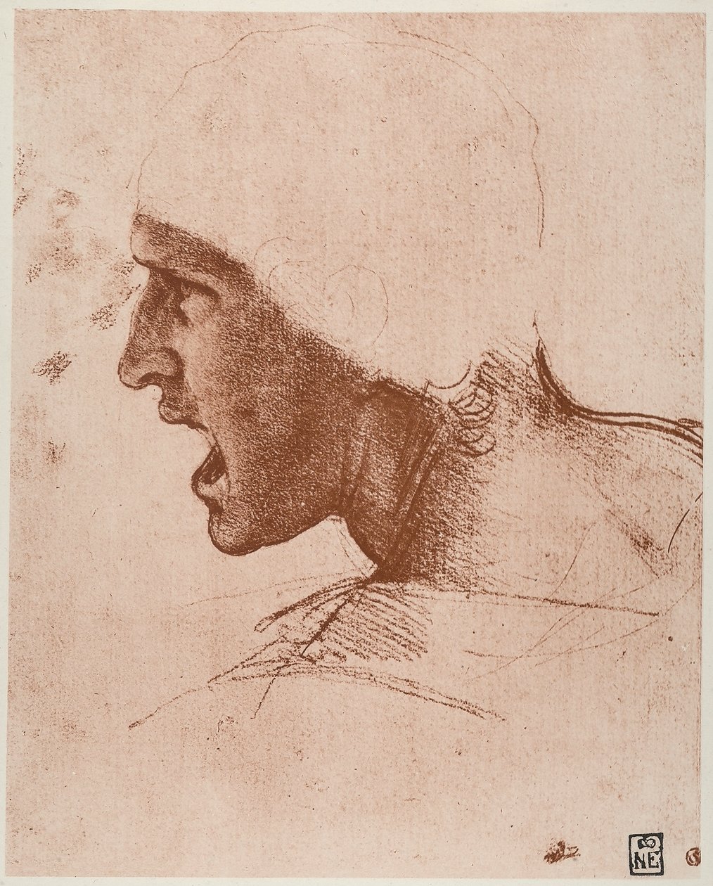 Studie av manligt huvud för slaget vid Anghiari, teckning av Leonardo da Vinci, sangvin på rosa papper, bevarad i Budapests konstmuseum. av Leonardo da Vinci