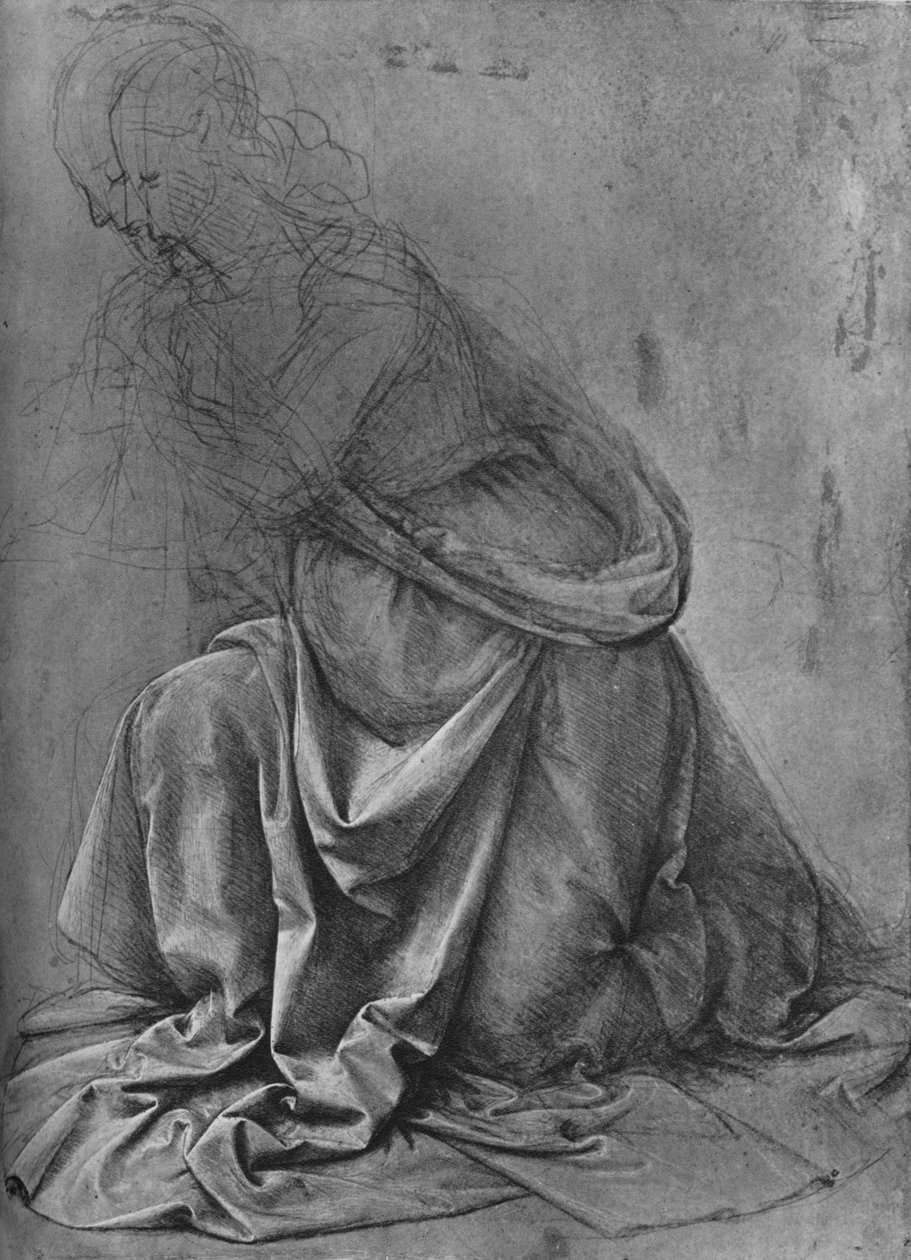 Studie av draperiet av en kvinna som knäböjer till vänster, c1477 1945 av Leonardo da Vinci