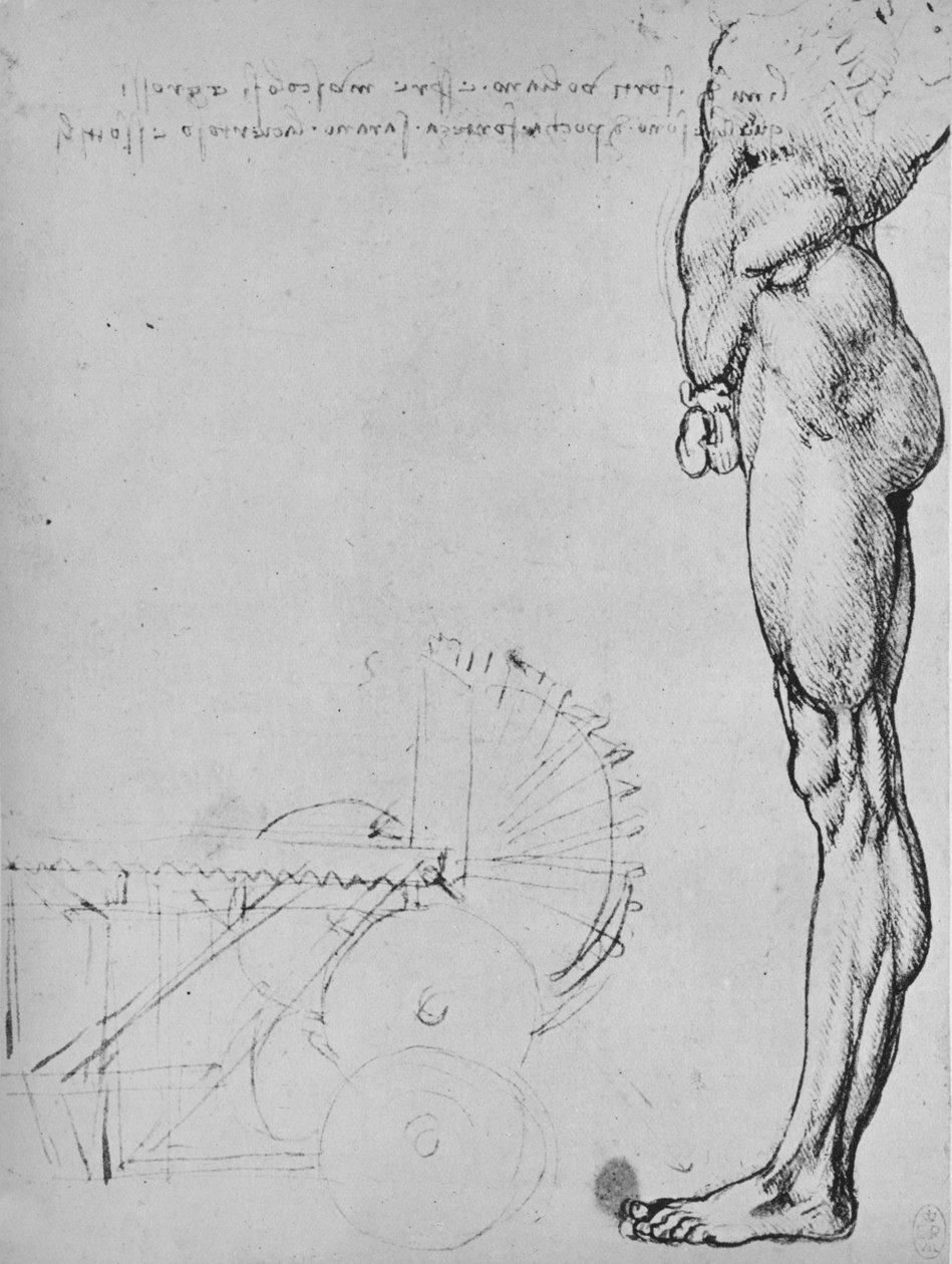 Studie av den nedre hälften av en man och av maskiner, c1480 1945 av Leonardo da Vinci