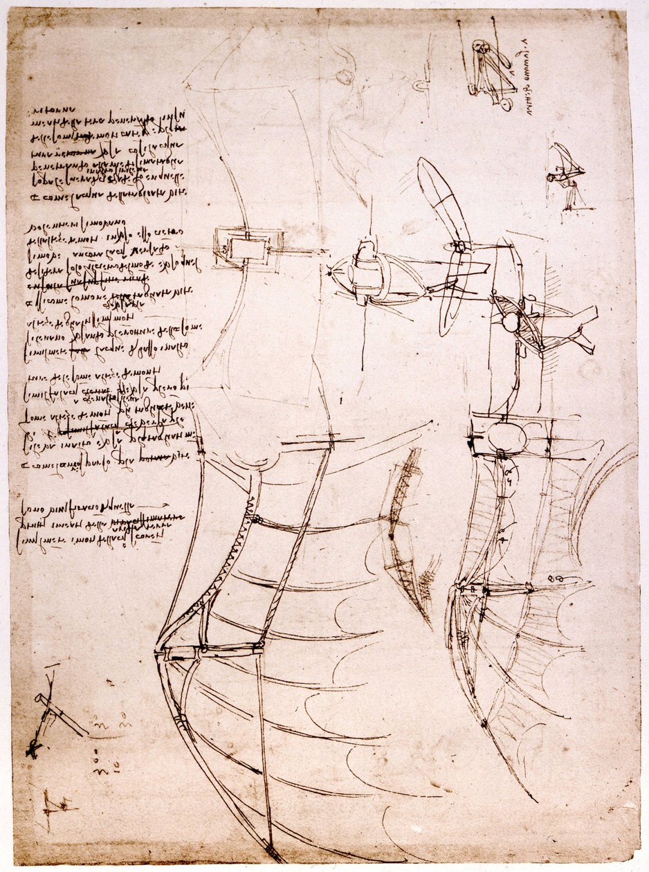 Studera på vingar. Codex Atlantic. Atlantic Codex, teckning av Leonard de Vinci (Leonardo da Vinci) omkring 1499. av Leonardo da Vinci