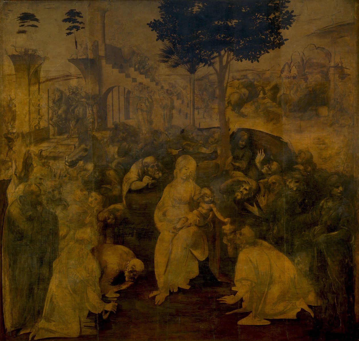 Tillbedjan av Magi, ca. 1480 av Leonardo da Vinci