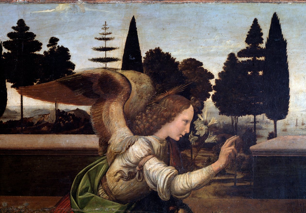 Bebådelsen, detalj av ängeln - olja på trä av Leonardo da Vinci