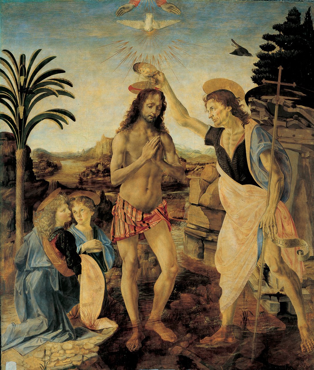 Kristi dop runt 1475 - 1478 av Andrea del Verrocchio (1436-1488) och Leonardo da Vinci (Leonard av Vinci) (1452-1516), Olja och tempera på trä av Leonardo da Vinci