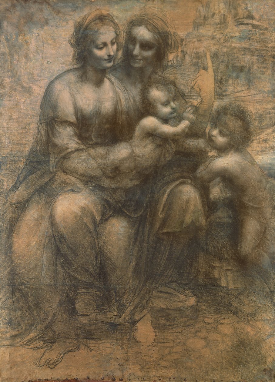 Jungfrun och barnet med Sankta Anna och spädbarnet Sankt Johannes Döparen, ca 1499-1500 (kol förhöjd med vit krita på papper, monterad på duk) av Leonardo da Vinci