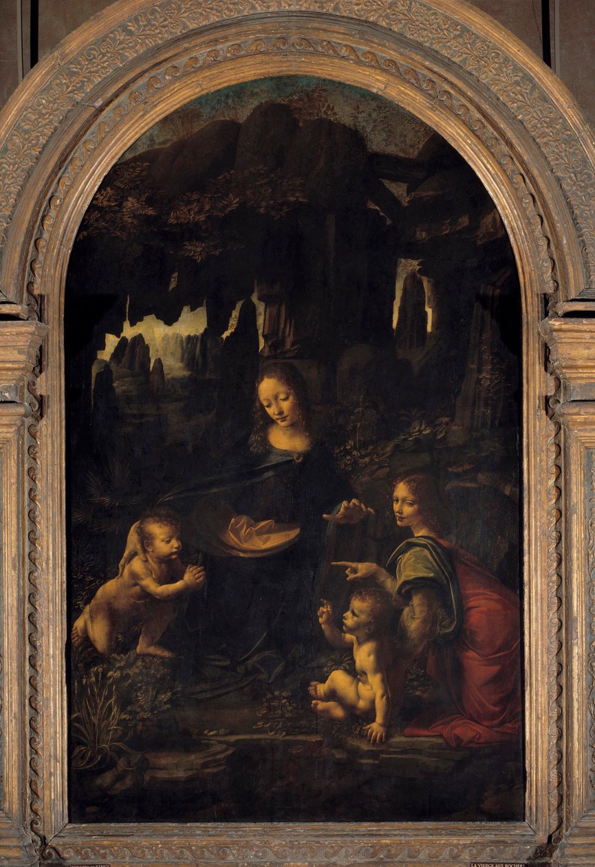 Jungfrun, Jesusbarnet, Johannes Döparen och en ängel eller "Jungfrun med klipporna"-målning av Leonard de Vinci (Leonardo da Vinci) (1452-1519) 1500-talets sön. 1,99x1,22 m av Leonardo da Vinci