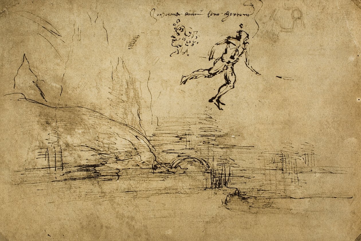 Baksidan av en landskapsteckning med figuren av en soldat: pennteckning av Leonardo da Vinci. Cabinet of Drawings and Prints, Uffizi Gallery, Florens av Leonardo da Vinci