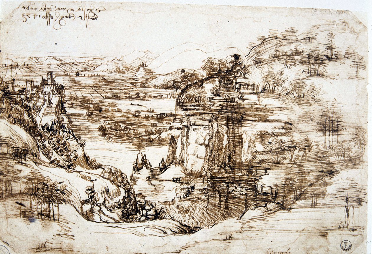 Den första kända teckningen av Leonard de Vinci (Leonardo da Vinci) (1452-1519), "" Landskapet i Santa Maria della Neve"": landskapet i dalen Arno, nära Florens. av Leonardo da Vinci