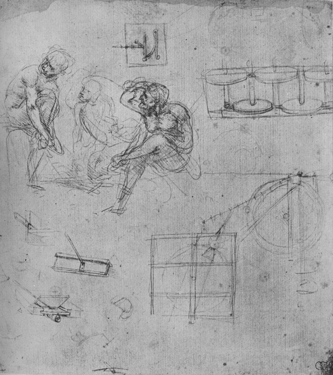 Tre sittande figurer och studier av maskiner, 1480-1481 1945 av Leonardo da Vinci