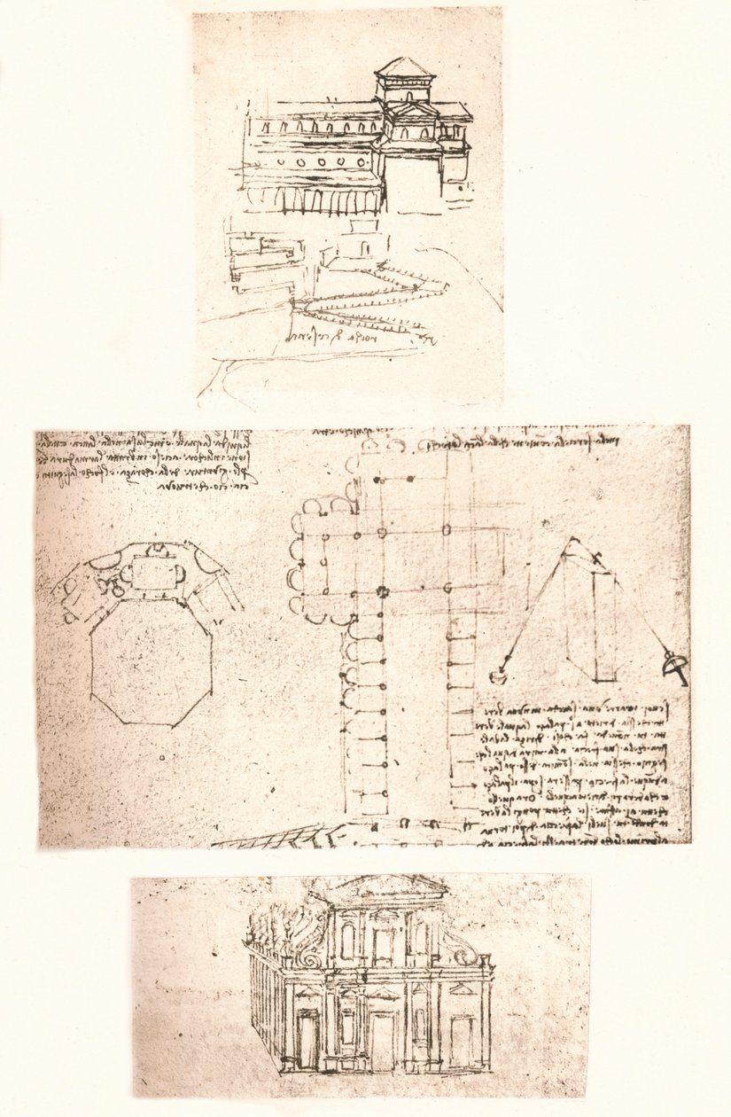 Tre ritningar av kyrkor, c1472-c1519 1883 av Leonardo da Vinci