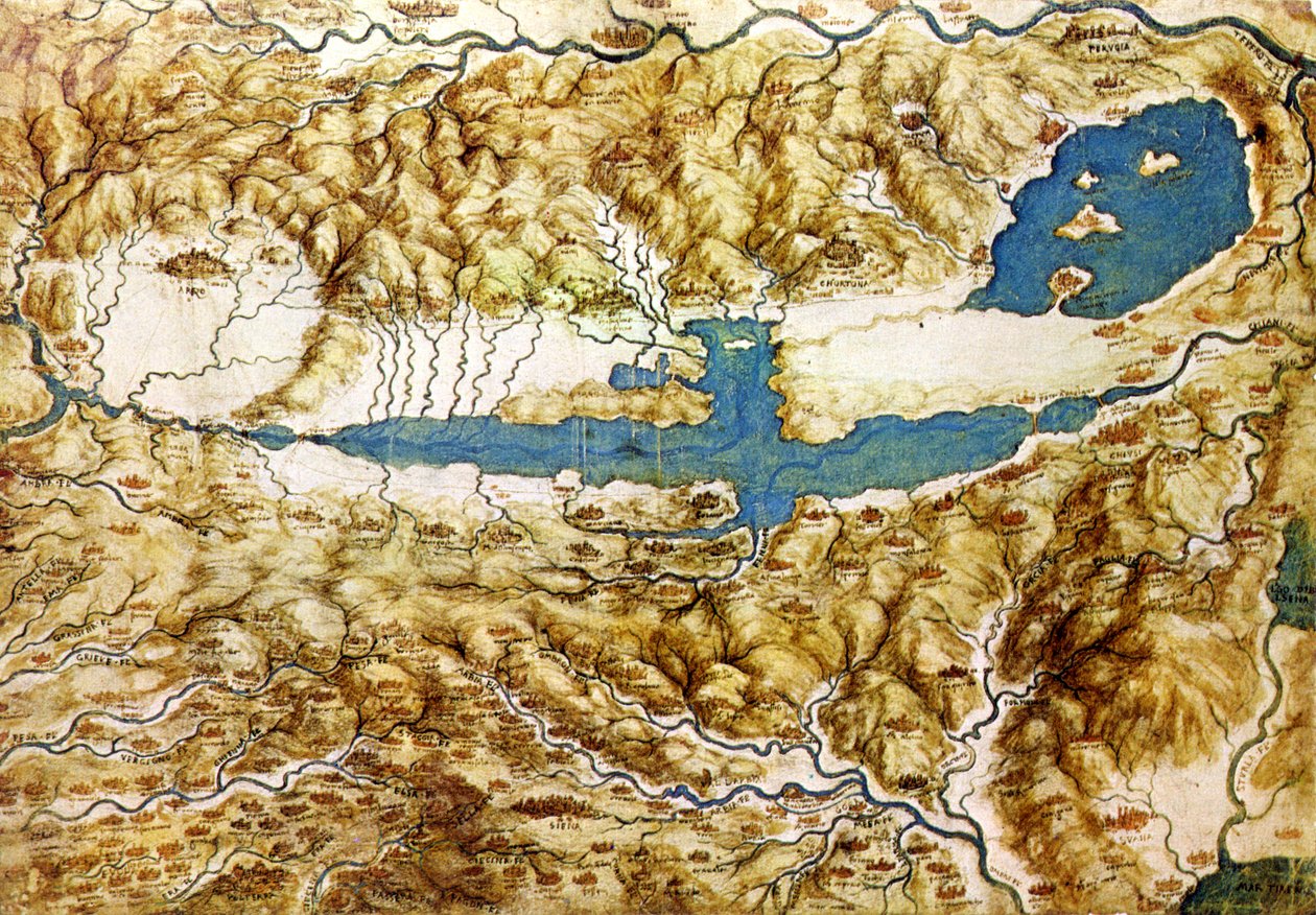Topografisk vy av landsbygden runt Arezzoslätten och Val di Chiana, tidigt 1500-tal av Leonardo da Vinci
