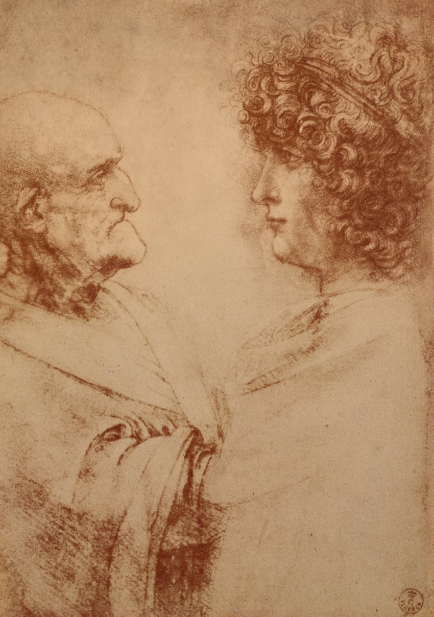 Två huvuden i profil, ca 1500 (röd krita på papper) av Leonardo da Vinci