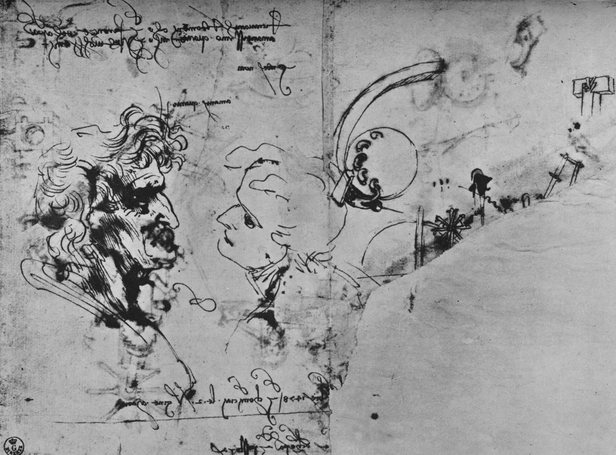 Två profiler och studier av maskiner, c1480 1945 av Leonardo da Vinci