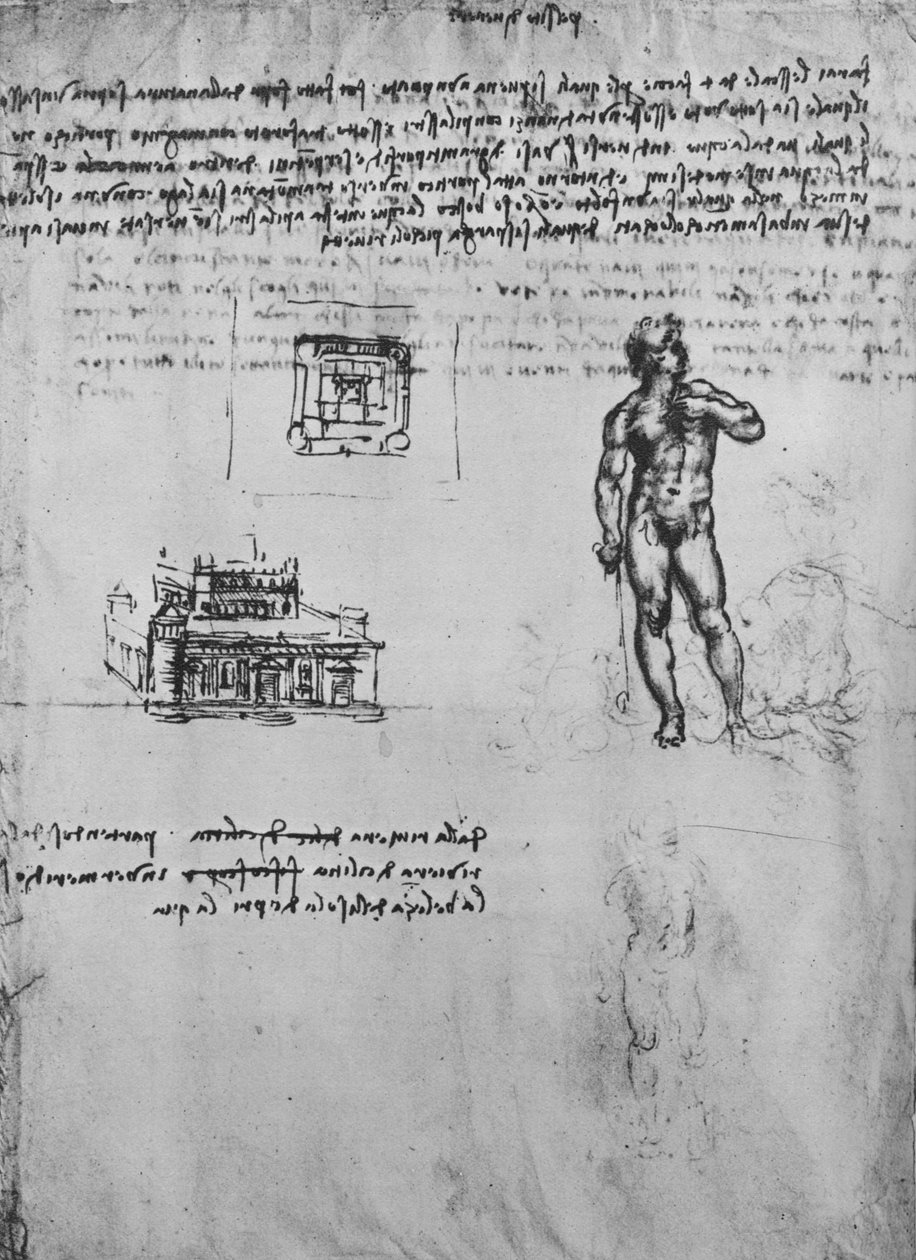 Två studier av en naken figur och utsikten och planen av en byggnad, c1480 1945 av Leonardo da Vinci