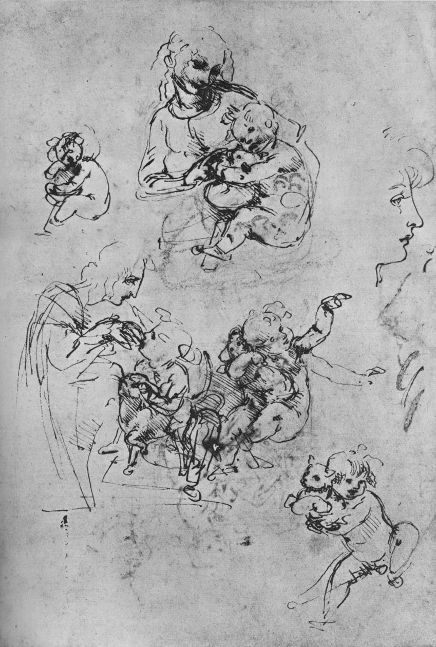 Två studier av Madonnan och barnet med en katt och tre studier av barnet, 1475-1481 1945 av Leonardo da Vinci