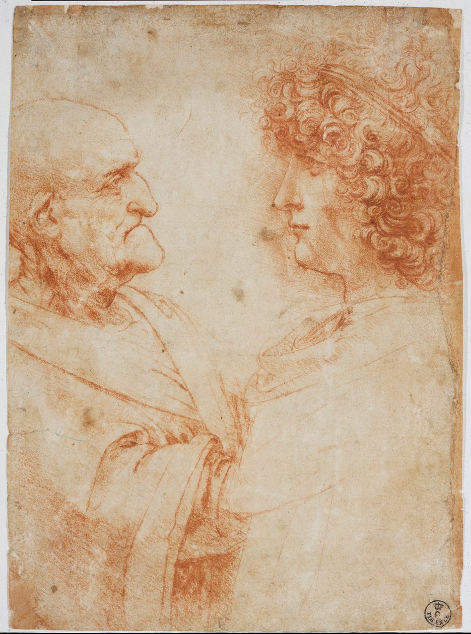 Två manliga profiler, en gammal man och en ung man - Den unge mannen representerar Gian Giacomo Caprotti dit Andrea Salai eller Salaij (cirka 1480-1524), Leonards elev och älskare - Ritning a la sanguine av Leonardo da Vinci (Leonard de Vinci) ( 1452-1519) av Leonardo da Vinci